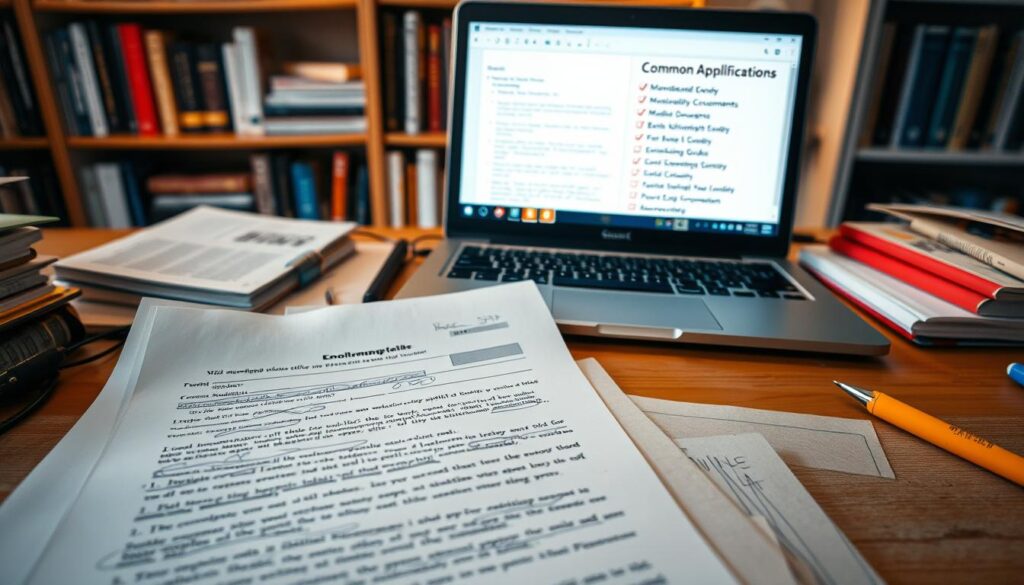 A cluttered desk in the foreground, featuring a nearly completed scholarship application with visible mistakes like crossed-out sections and scribbled notes. In the middle, an open laptop displaying a rejected email and a checklist of common application errors, such as missing documents and unclear essays. In the background, a bookshelf filled with educational books and guides, softly illuminated by warm, natural light from a nearby window. The scene conveys a sense of frustration and urgency, emphasizing the importance of careful preparation. The mood is serious yet hopeful, with hints of personal growth through learning from mistakes. The angle is slightly overhead, providing a clear view of the desk clutter, capturing the chaos of the application process.