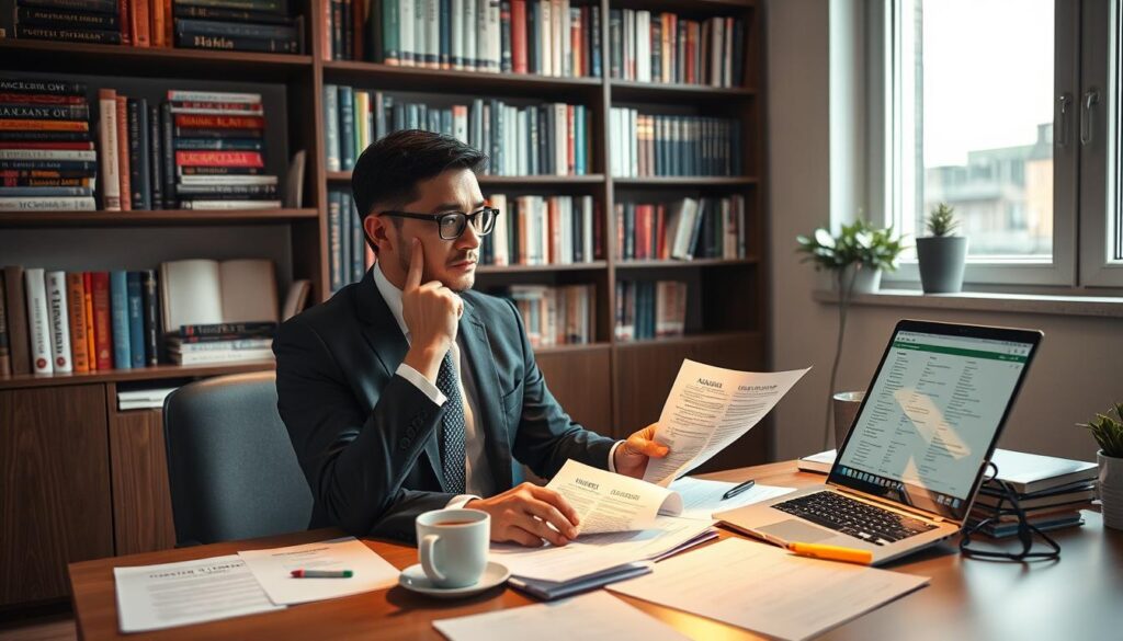 A focused scene of a professional translator working on translating academic transcripts. In the foreground, a thoughtful individual, dressed in smart business attire, is seated at a neat desk covered with papers, a laptop open displaying a language translation program. Their expression shows concentration as they compare documents, surrounded by highlighters and a cup of coffee. In the middle, a soft light illuminates the desk, creating a warm and inviting atmosphere. Behind them, a bookshelf filled with diverse language dictionaries and educational materials adds depth to the scene, while a large window lets in natural light, casting gentle shadows. The overall mood reflects professionalism, diligence, and clarity in the process of document translation.