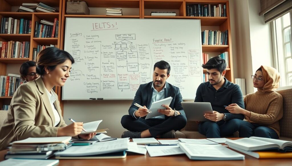 A focused study environment depicting efficient IELTS preparation strategies. In the foreground, a diverse group of three individuals, including a woman in professional business attire, a man in modest casual clothing, and a young adult studying with materials spread out, with books, notebooks, and a laptop. In the middle ground, a whiteboard filled with strategic notes, diagrams, and vocabulary lists related to IELTS preparation. The background features a well-organized library shelf filled with language test preparation books and resources. Soft, natural lighting illuminates the scene, creating a studious and motivational atmosphere. The angle is slightly elevated, capturing both the study group and the educational resources, evoking a sense of focus and determination. A focused study environment depicting efficient IELTS preparation strategies. In the foreground, a diverse group of three individuals, including a woman in professional business attire, a man in modest casual clothing, and a young adult studying with materials spread out, with books, notebooks, and a laptop. In the middle ground, a whiteboard filled with strategic notes, diagrams, and vocabulary lists related to IELTS preparation. The background features a well-organized library shelf filled with language test preparation books and resources. Soft, natural lighting illuminates the scene, creating a studious and motivational atmosphere. The angle is slightly elevated, capturing both the study group and the educational resources, evoking a sense of focus and determination.