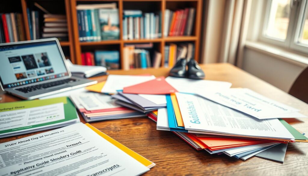 A neatly arranged assortment of study abroad documents spread out on a wooden desk. In the foreground, there are colorful folders labeled with titles like "Application Form," "Scholarship Guide," and "Transcripts," each visibly organized. A sleek laptop rests next to the documents, its screen displaying a university website. In the middle ground, a pair of professional business attire shoes hint at the person preparing these materials. The background features a softly blurred bookshelf filled with travel guides and educational books, enhancing the theme of preparation and exploration. The scene is well-lit with natural light streaming in from a nearby window, creating a warm and inviting atmosphere, suggesting diligence and hope for future study opportunities.