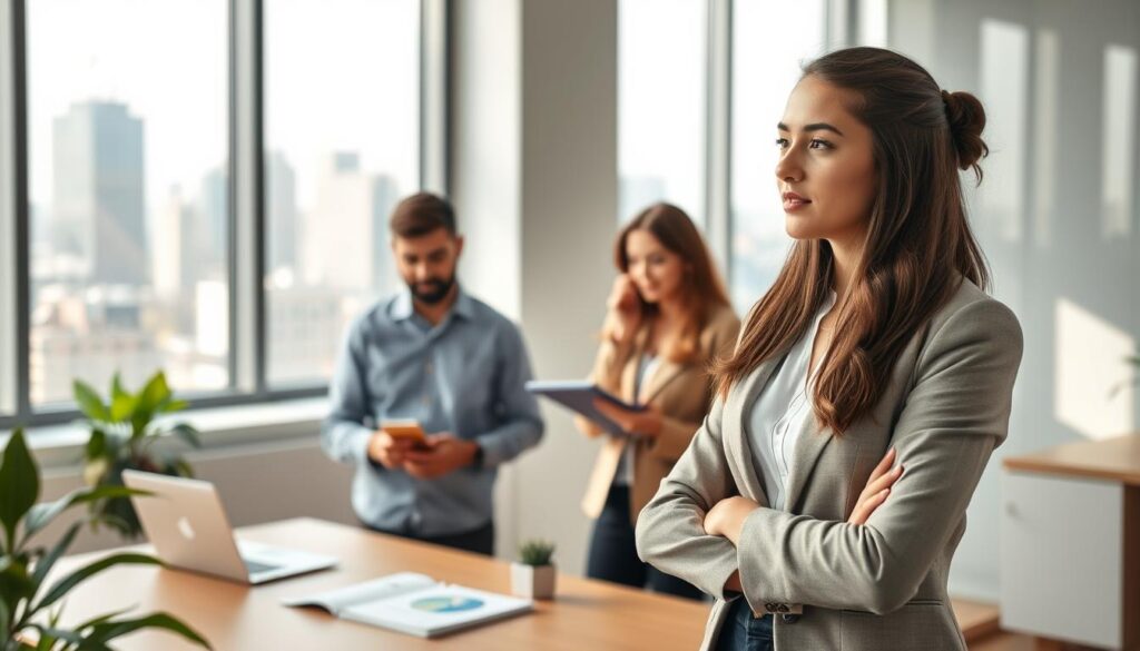 A professional office environment filled with soft natural lighting, showcasing a diverse group of young adults engaged in a thoughtful discussion about their future goals and career aspirations. In the foreground, focus on a young woman in business attire, confidently presenting her ideas with visual aids like graphs and charts. In the middle ground, feature two young men exchanging ideas and taking notes on their laptops, fostering a collaborative atmosphere. The background highlights a large window with a city skyline view, symbolizing opportunity and ambition. The overall mood is optimistic and inspiring, evoking a sense of determination and hope for future success. The image should convey professionalism and aspiration without any text or distractions.