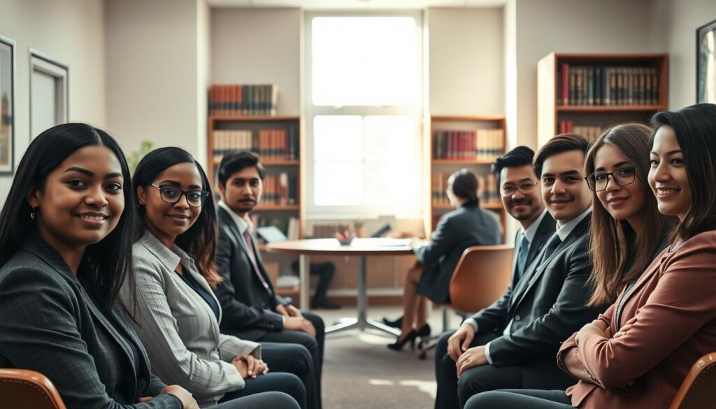 A professional scholarship interview scene set in a well-lit office environment. In the foreground, a diverse group of three candidates, dressed in formal business attire, sit across from a panel of two interviewers seated at a table. The candidates display expressions of determination and confidence, while the interviewers appear attentive and engaged. In the middle ground, a large window lets in natural light, casting soft shadows, adding warmth to the atmosphere. A bookshelf filled with academic books and awards is visible in the background, emphasizing the scholarly theme. The overall mood is focused and professional, suggesting seriousness and preparation typical of scholarship interviews. The scene is captured with a slightly wide-angle lens to encompass both candidates and the interviewers, ensuring clarity of facial expressions and body language. A professional scholarship interview scene set in a well-lit office environment. In the foreground, a diverse group of three candidates, dressed in formal business attire, sit across from a panel of two interviewers seated at a table. The candidates display expressions of determination and confidence, while the interviewers appear attentive and engaged. In the middle ground, a large window lets in natural light, casting soft shadows, adding warmth to the atmosphere. A bookshelf filled with academic books and awards is visible in the background, emphasizing the scholarly theme. The overall mood is focused and professional, suggesting seriousness and preparation typical of scholarship interviews. The scene is captured with a slightly wide-angle lens to encompass both candidates and the interviewers, ensuring clarity of facial expressions and body language.