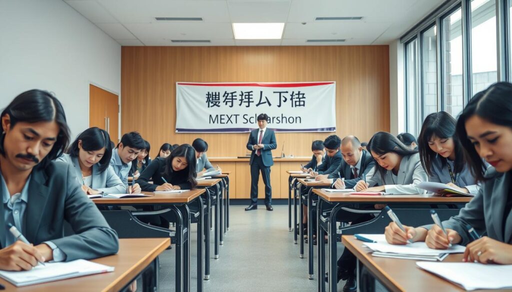 A professional setting depicting a MEXT scholarship subject-specific examination. In the foreground, a diverse group of students, dressed in professional business attire, are seated at individual desks, focused and writing on examination papers. Each student has different ethnic backgrounds to represent diversity. In the middle, a large banner on the wall displays the phrase "MEXT Scholarship Examination," symbolizing an academic environment. The classroom is well-lit with natural light coming through large windows, creating an inviting atmosphere. In the background, a teacher monitors the students, exuding a supportive and encouraging presence. The overall mood is one of concentration and motivation, capturing the seriousness and importance of the examination. The perspective is slightly elevated, providing a clear view of both students and the classroom environment.