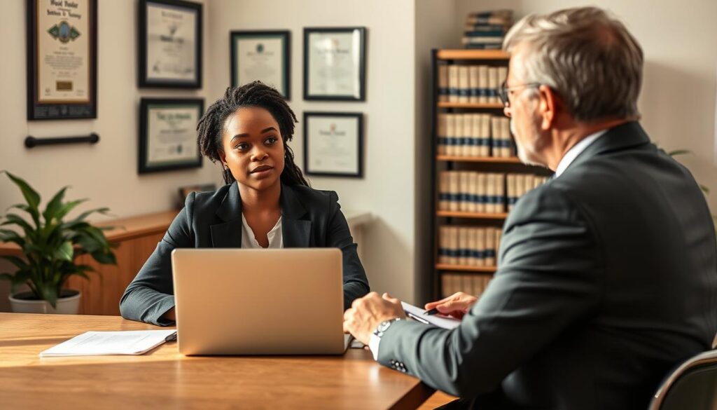 A professional setting depicting a young adult seated at a table across from an interviewer during a scholarship interview. The foreground features the interviewee, a diverse individual dressed in formal business attire, looking prepared and confident, with a laptop and notepad in front of them. The middle ground shows the interviewer, an older professional, focused and engaged, sitting with a notepad and pen, in a well-lit office environment. The background includes elements such as framed certificates on the wall and a bookshelf filled with financial resources, creating an atmosphere of professionalism and aspiration. Soft, natural lighting enhances the scene, evoking a mood of seriousness and hope. The angle is slightly angled to capture both subjects and their expressions, emphasizing the importance of the conversation about financial need.