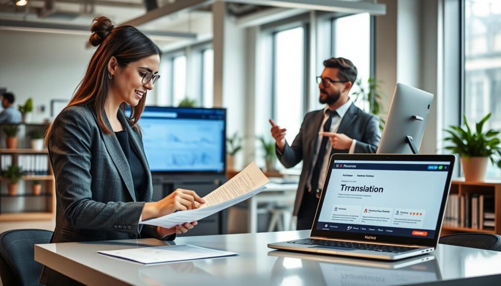 A professional setting where a diverse group of individuals is engaged in evaluating translation services. In the foreground, a woman in a business suit is carefully reviewing a document on a sleek table, with a laptop displaying a translation service website next to her. In the middle ground, a man wearing glasses is discussing with a colleague, pointing at a screen that showcases ratings and reviews of translation agencies. The background features a bright, modern office space with large windows letting in natural light, plants, and academic books on a shelf. The mood is focused and collaborative, suggesting an atmosphere of critical analysis and decision-making. The image should be well-lit, with soft shadows and a slight depth of field to emphasize the subjects.