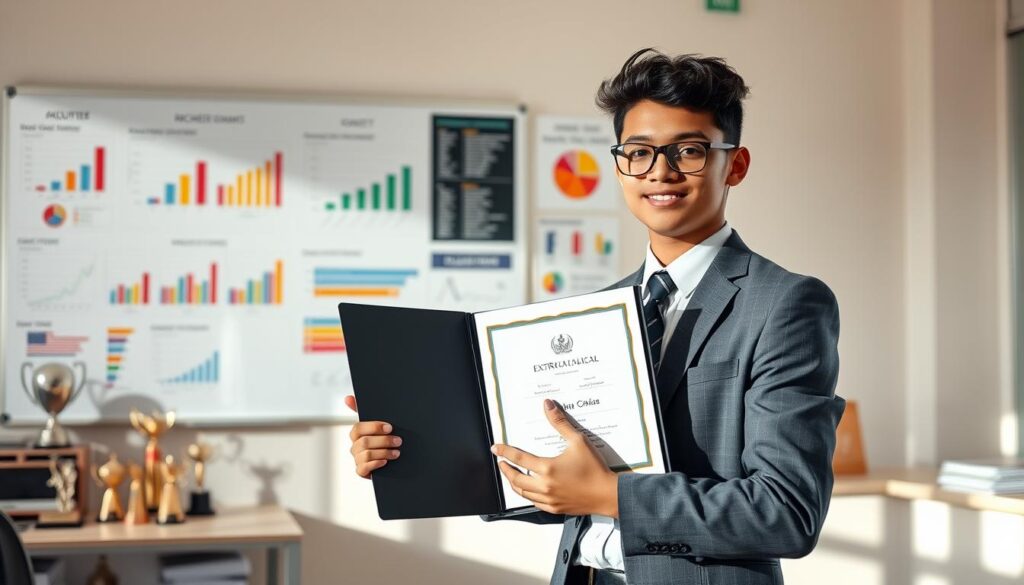 A professional young adult standing confidently in a well-lit office environment, presenting their extracurricular achievements. They are dressed in smart business attire, holding a neatly organized portfolio filled with certificates and awards. In the background, a large whiteboard displays colorful charts and graphs showcasing various activities, such as volunteering and sports. A desk cluttered with academic trophies adds depth to the scene. The lighting is bright and inviting, with soft shadows for a dynamic effect. The angle captures both the individual and the larger context of their achievements, with a warm, inspiring atmosphere that emphasizes success and determination.