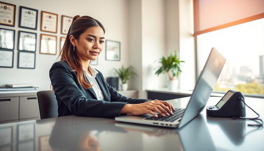 A professional young woman sitting at a sleek desk in a modern office, typing on a laptop with focused determination. The foreground features a close-up of her hands on the keyboard, while the background shows a neatly organized workspace with certificates on the wall, a potted plant, and a cityscape visible through a large window. Natural light floods the room, creating a bright and inviting atmosphere. The subject is dressed in smart business attire, exuding confidence and professionalism. A shallow depth of field softly blurs the background, bringing the viewer's attention to the focus on her professional experience. The overall mood conveys ambition and dedication, perfect for the theme of crafting a winning motivation letter.