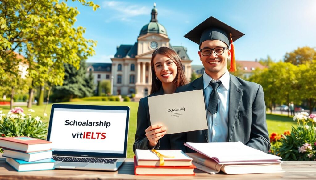 A serene outdoor setting showcasing a proud student holding a diploma, symbolizing success in obtaining a scholarship without IELTS. The foreground features the student, dressed in professional business attire, with an enthusiastic smile, surrounded by books and a laptop that display scholarship opportunities. In the middle ground, a picturesque view of a historic German university building represents educational excellence, with lush greenery and blooming flowers framing the scene. The background showcases a clear blue sky, suggesting optimism and a bright future. The lighting is warm and inviting, creating an atmosphere of achievement and hope. The angle captures a slight upward view to emphasize the student’s aspirations and the promising opportunities in Germany. A serene outdoor setting showcasing a proud student holding a diploma, symbolizing success in obtaining a scholarship without IELTS. The foreground features the student, dressed in professional business attire, with an enthusiastic smile, surrounded by books and a laptop that display scholarship opportunities. In the middle ground, a picturesque view of a historic German university building represents educational excellence, with lush greenery and blooming flowers framing the scene. The background showcases a clear blue sky, suggesting optimism and a bright future. The lighting is warm and inviting, creating an atmosphere of achievement and hope. The angle captures a slight upward view to emphasize the student’s aspirations and the promising opportunities in Germany.