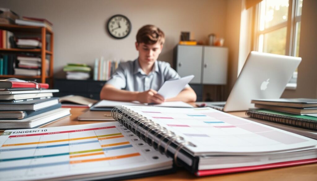 A student sitting at a neatly organized desk, surrounded by textbooks, notebooks, and a laptop, focusing intently on a study schedule. In the foreground, a planner with color-coded sections lies open, showcasing effective time-management techniques. The middle ground features a wall clock ticking away, symbolizing the importance of time. In the background, sunlight streams through a window, casting a warm glow that creates an inviting atmosphere. The mood is balanced and proactive, reflecting the harmony of academics and extracurricular activities. The student, dressed in casual yet professional attire, demonstrates dedication and productivity. The scene captures the essence of managing time effectively amidst various commitments, with a soft focus on the desk and a clear view of the surrounding environment.