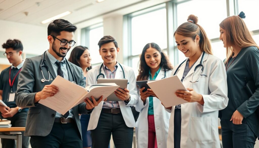 A vibrant scene showcasing a group of diverse medical students in professional attire, actively engaging in study and collaboration. In the foreground, a male student is reviewing medical textbooks, while a female student is taking notes on her laptop. In the middle ground, another female student is explaining a concept to her peers, all of whom display enthusiasm and camaraderie. The background features a modern university classroom with large windows allowing natural light to flood in, illuminating the space. The atmosphere is one of motivation and determination, reflecting the excitement surrounding the Türkiye Burslari Scholarship. Soft lighting enhances the focused expressions of the students, while the angle slightly elevates to capture the dynamic interactions. The overall mood is inspiring and academic, inviting viewers into the world of scholarship and learning.