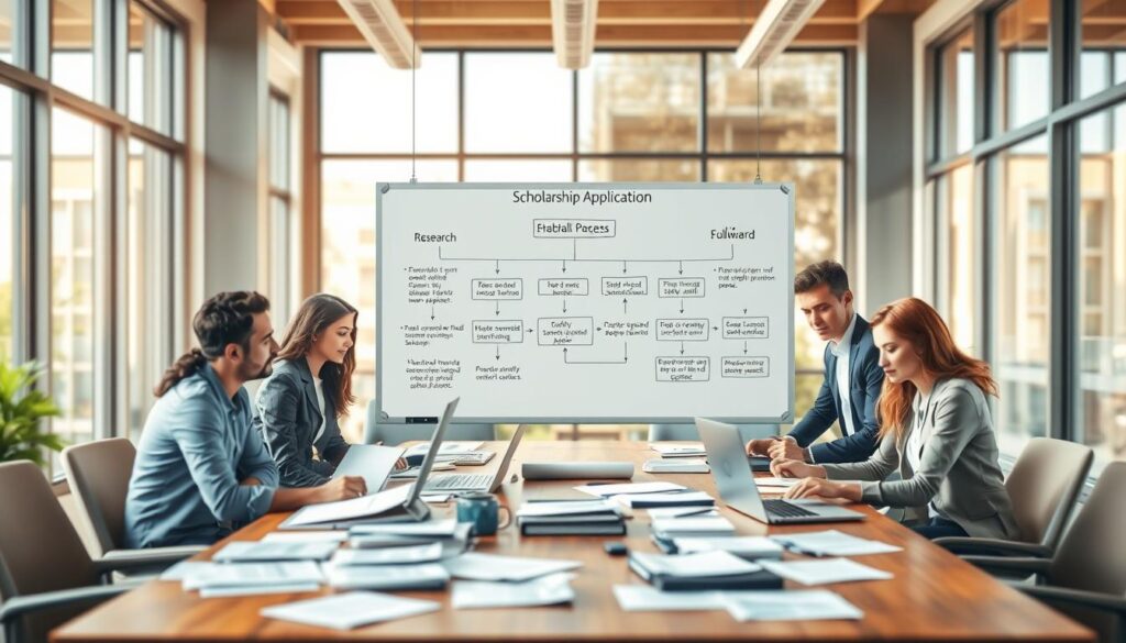 A visually engaging illustration of the "fully funded scholarship application process." In the foreground, depict a diverse group of professional individuals in business attire, working together at a large wooden table cluttered with papers and laptops. In the middle, show a detailed flowchart on a whiteboard outlining the steps of the scholarship application, such as research, preparation, submission, and follow-up. The background features a bright, airy office environment with large windows, letting in warm natural light that creates a productive atmosphere. The overall mood is focused and collaborative, emphasizing determination and ambition. Use a soft-focus lens effect to slightly blur the background while keeping the foreground sharp, bringing attention to the people and the application process. A visually engaging illustration of the "fully funded scholarship application process." In the foreground, depict a diverse group of professional individuals in business attire, working together at a large wooden table cluttered with papers and laptops. In the middle, show a detailed flowchart on a whiteboard outlining the steps of the scholarship application, such as research, preparation, submission, and follow-up. The background features a bright, airy office environment with large windows, letting in warm natural light that creates a productive atmosphere. The overall mood is focused and collaborative, emphasizing determination and ambition. Use a soft-focus lens effect to slightly blur the background while keeping the foreground sharp, bringing attention to the people and the application process.