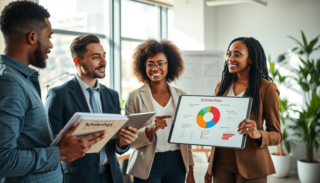 A visually striking scene depicting a diverse group of three professionals discussing scholarship opportunities at a modern office space. In the foreground, one individual holds a stack of paperwork labeled “Scholarships” while another points to a digital tablet displaying a pie chart illustrating funding sources. The middle ground features a whiteboard filled with strategic notes and diagrams on combining scholarships. The background captures a bright, airy office with large windows and plants, providing a sense of openness. Natural lighting streams in, creating a warm and inviting atmosphere. The individuals wear smart business attire, conveying professionalism and focus. The overall mood is collaborative and inspiring, emphasizing teamwork and strategic planning. A visually striking scene depicting a diverse group of three professionals discussing scholarship opportunities at a modern office space. In the foreground, one individual holds a stack of paperwork labeled “Scholarships” while another points to a digital tablet displaying a pie chart illustrating funding sources. The middle ground features a whiteboard filled with strategic notes and diagrams on combining scholarships. The background captures a bright, airy office with large windows and plants, providing a sense of openness. Natural lighting streams in, creating a warm and inviting atmosphere. The individuals wear smart business attire, conveying professionalism and focus. The overall mood is collaborative and inspiring, emphasizing teamwork and strategic planning.