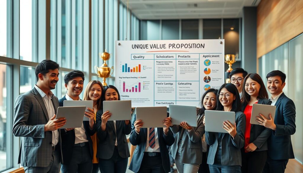 A visually striking scene illustrating a "unique value proposition" in the context of scholarship applications. In the foreground, a diverse group of international students, dressed in professional attire, enthusiastically share their unique qualities and achievements, showcasing open laptops displaying personal branding elements. In the middle ground, a large presentation board with vibrant graphs and bullet points highlights key aspects of a standout application profile, surrounded by motivational symbols like trophies and awards. The background features a modern academic environment with tall windows allowing natural light to flood in, creating a warm and inviting atmosphere. The mood is focused and inspiring, emphasizing collaboration and ambition, captured from a slightly elevated angle to encompass the energy of the scene. A visually striking scene illustrating a "unique value proposition" in the context of scholarship applications. In the foreground, a diverse group of international students, dressed in professional attire, enthusiastically share their unique qualities and achievements, showcasing open laptops displaying personal branding elements. In the middle ground, a large presentation board with vibrant graphs and bullet points highlights key aspects of a standout application profile, surrounded by motivational symbols like trophies and awards. The background features a modern academic environment with tall windows allowing natural light to flood in, creating a warm and inviting atmosphere. The mood is focused and inspiring, emphasizing collaboration and ambition, captured from a slightly elevated angle to encompass the energy of the scene.