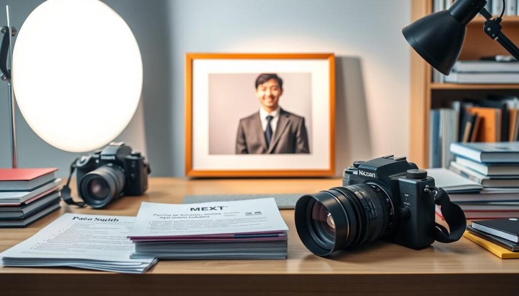 A well-organized desk showcasing the MEXT scholarship application photograph specifications. In the foreground, a stack of essential documents including the photo guidelines, a professional-looking camera, and a color backdrop. In the middle ground, a well-lit setup featuring a framed sample photograph that meets the specifications: a student in smart business attire, smiling against a neutral background. Soft, diffused lighting highlights the photograph while casting gentle shadows, creating a professional atmosphere. The background is tidy with academic books and stationery, hinting at diligence in preparing application documents. The overall mood is focused and inviting, ideal for inspiring applicants as they get ready for their scholarship journey.