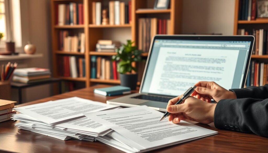 A workspace filled with scholarship motivation letter templates, elegantly arranged. In the foreground, a neatly organized stack of papers with various layouts, some with handwritten notes and others printed, showcasing professional formatting. The middle ground features a laptop open to word processing software, displaying an example letter. Nearby, a pair of professional business attired hands is holding a pen, poised to write. In the background, a soft-focus bookshelf filled with academic books and decorations, bathed in warm, natural lighting that creates a cozy yet focused atmosphere. The composition should convey inspiration and professionalism, emphasizing the importance of crafting a compelling motivation letter in an academic setting. The shot is taken from a slightly elevated angle, inviting the viewer into the space.